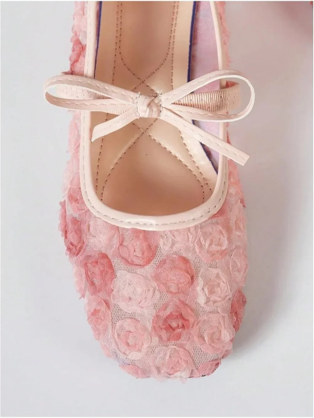 Women's Bright Pink Mesh Ballet Flats Lace Bow Square Toe Wedding Dressy Shoes